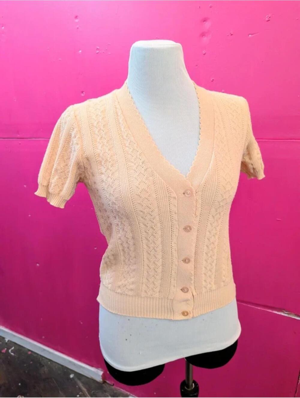 SOLD Vintage 70s Beige Knit Cotton Cardigan Sweater S